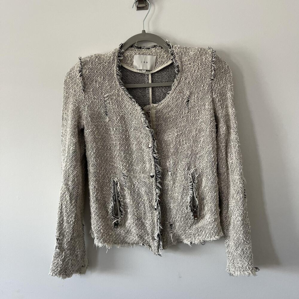 IRO Jacket Womens 34‎ Gray Ivory Distressed Tweed Boucle Frayed Designer France